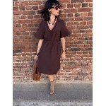 Robe Marron Fluide Femme – Col V avec Détails Tressés (XS au XL)