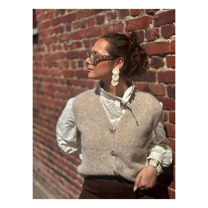 Gilet Sans Manches Femme – Beige avec Boutons Fantaisie, Taille Unique Jusqu’au 42