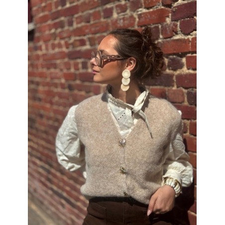 Gilet Sans Manches Femme – Beige avec Boutons Fantaisie, Taille Unique Jusqu’au 42