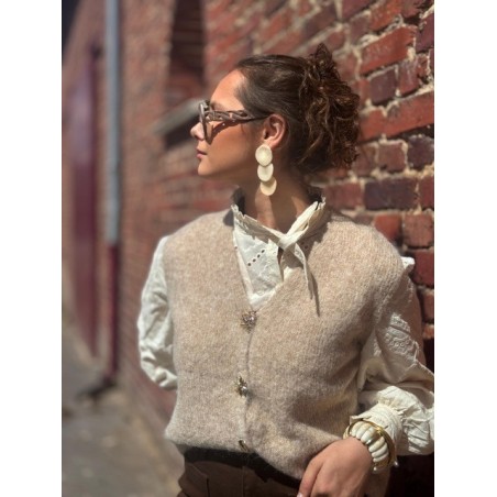 Gilet Sans Manches Femme – Beige avec Boutons Fantaisie, Taille Unique Jusqu’au 42