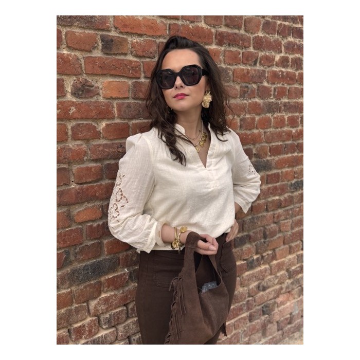 Blouse Écrue Femme – Broderie Anglaise sur les Manches (XS au XL)
