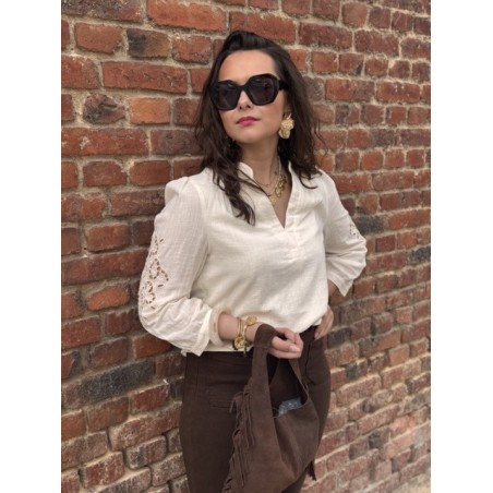 Blouse Écrue Femme – Broderie Anglaise sur les Manches (XS au XL)