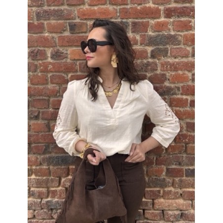 Blouse Écrue Femme – Broderie Anglaise sur les Manches (XS au XL)