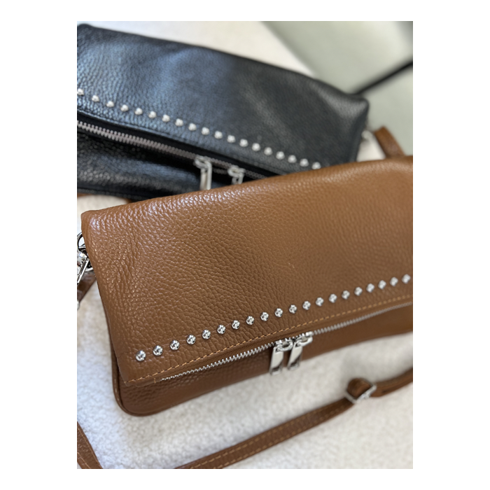 Sac bandoulière femme noir ou camel – Chaîne et strass tendance