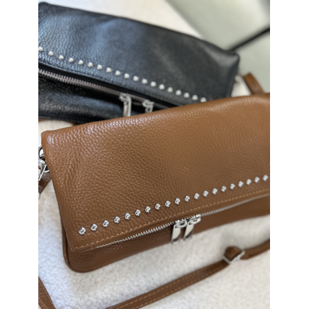 Sac bandoulière femme noir ou camel – Chaîne et strass tendance