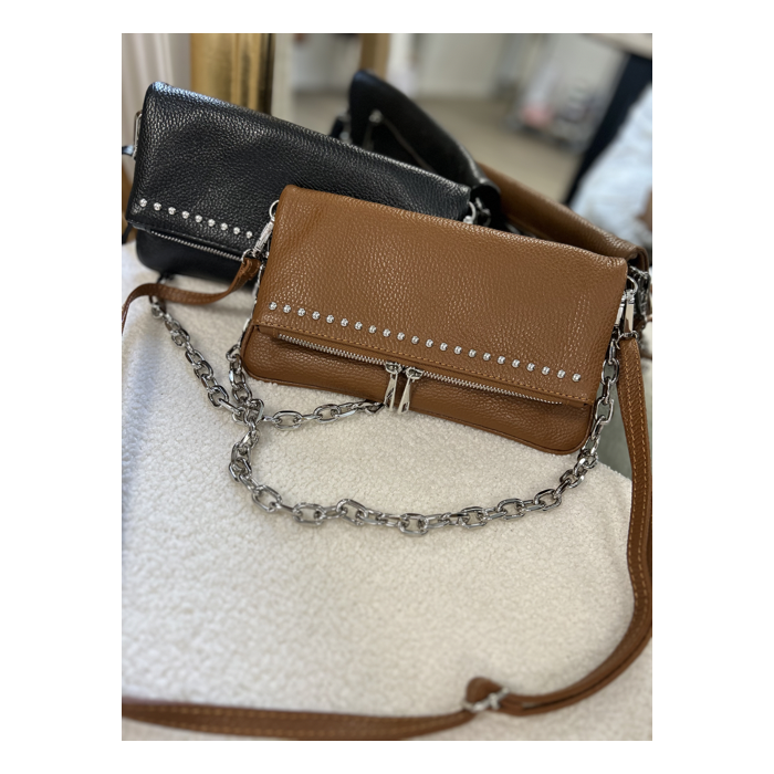 Sac bandoulière femme noir ou camel – Chaîne et strass tendance