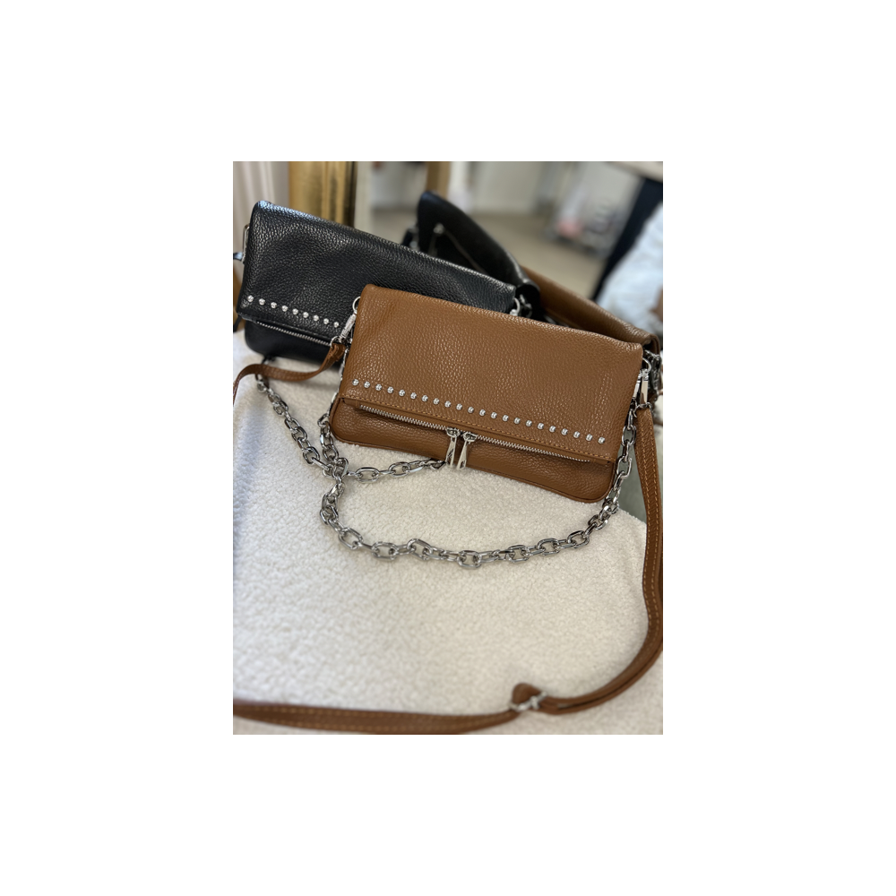 Sac bandoulière femme noir ou camel – Chaîne et strass tendance