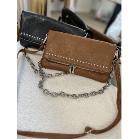 Sac bandoulière femme noir ou camel – Chaîne et strass tendance