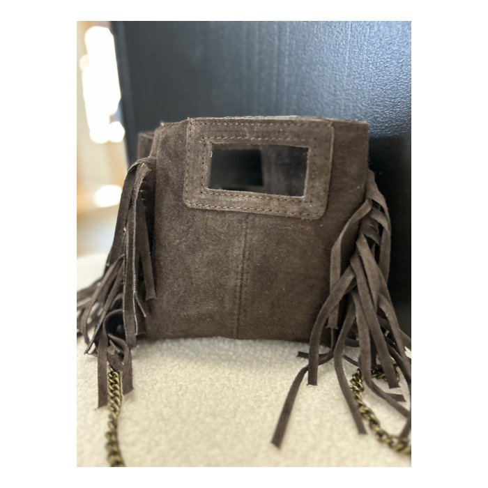 Petit sac en daim marron à franges – Anse chaîne tendance