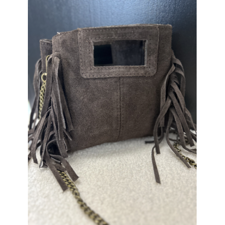 Petit sac en daim marron à franges – Anse chaîne tendance
