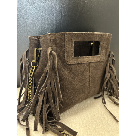 Petit sac en daim marron à franges – Anse chaîne tendance