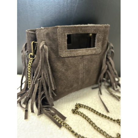 Petit sac en daim marron à franges – Anse chaîne tendance