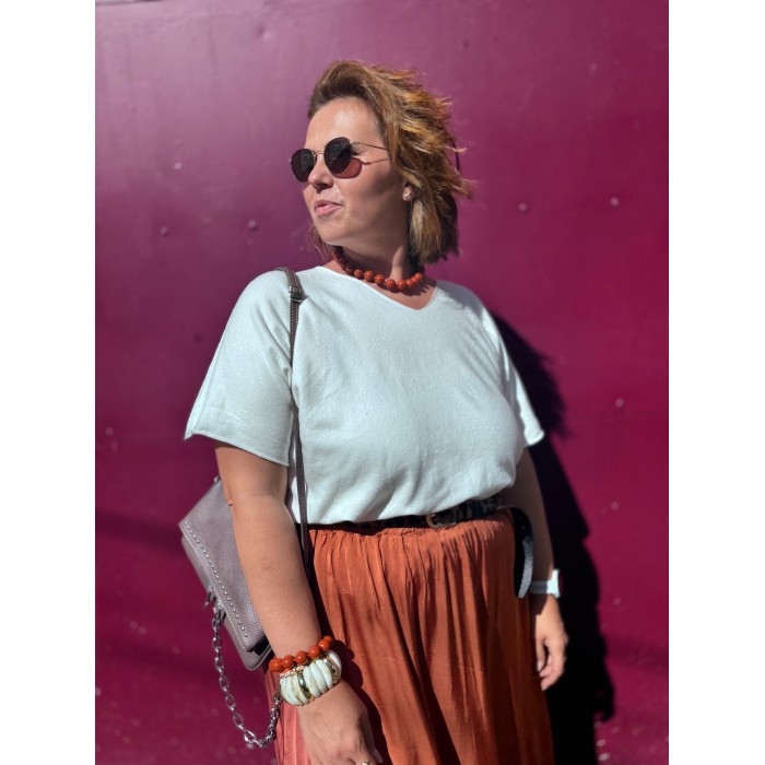 Pull Fin Femme – Col V Manches Tombantes (Taille 42 à 48, Camel/Beige/Blanc)