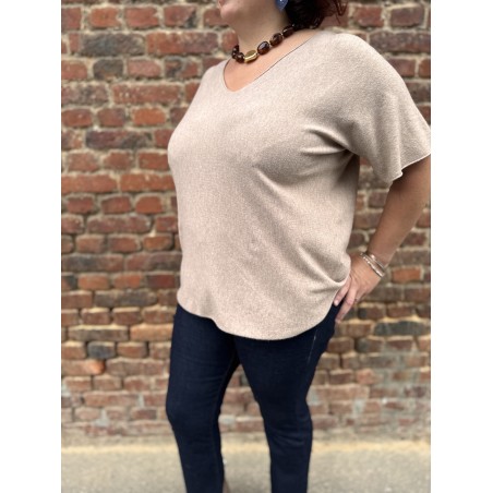 Pull Fin Femme – Col V Manches Tombantes (Taille 42 à 48, Camel/Beige/Blanc)