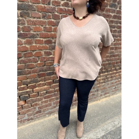 Pull Fin Femme – Col V Manches Tombantes (Taille 42 à 48, Camel/Beige/Blanc)