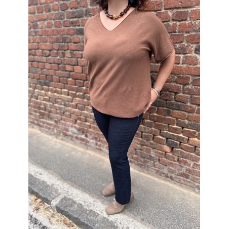 Pull Fin Femme – Col V Manches Tombantes (Taille 42 à 48, Camel/Beige/Blanc)