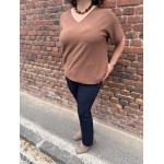 Pull Fin Femme – Col V Manches Tombantes (Taille 42 à 48, Camel/Beige/Blanc)