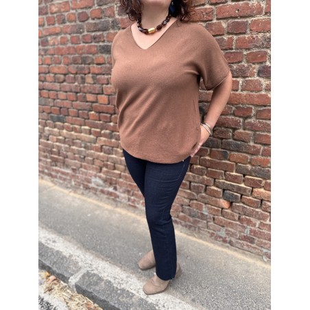 Pull Fin Femme – Col V Manches Tombantes (Taille 42 à 48, Camel/Beige/Blanc)