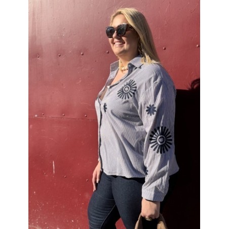 Chemise Femme Rayée Bleu Marine Broderies Fleurs & Soleil (L à XXXXL)