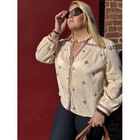 Chemise en Gaze de Coton Brodée – Kaki & Rose (L à XXXXL)