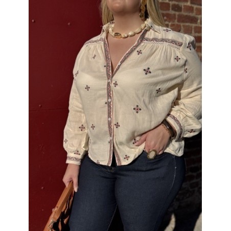 Chemise en Gaze de Coton Brodée – Kaki & Rose (L à XXXXL)