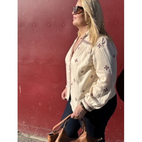 Chemise en Gaze de Coton Brodée – Kaki & Rose (L à XXXXL)