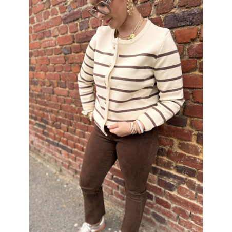 Gilet marinière marron à boutons dorés – Chic et intemporel