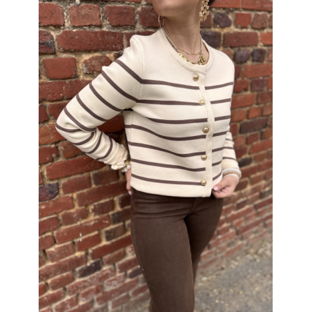 Gilet marinière marron à boutons dorés – Chic et intemporel