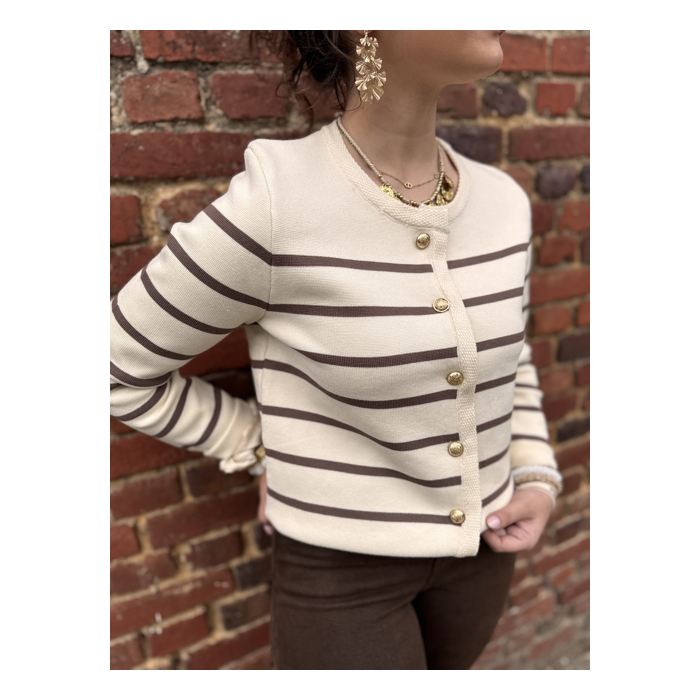 Gilet marinière marron à boutons dorés – Chic et intemporel