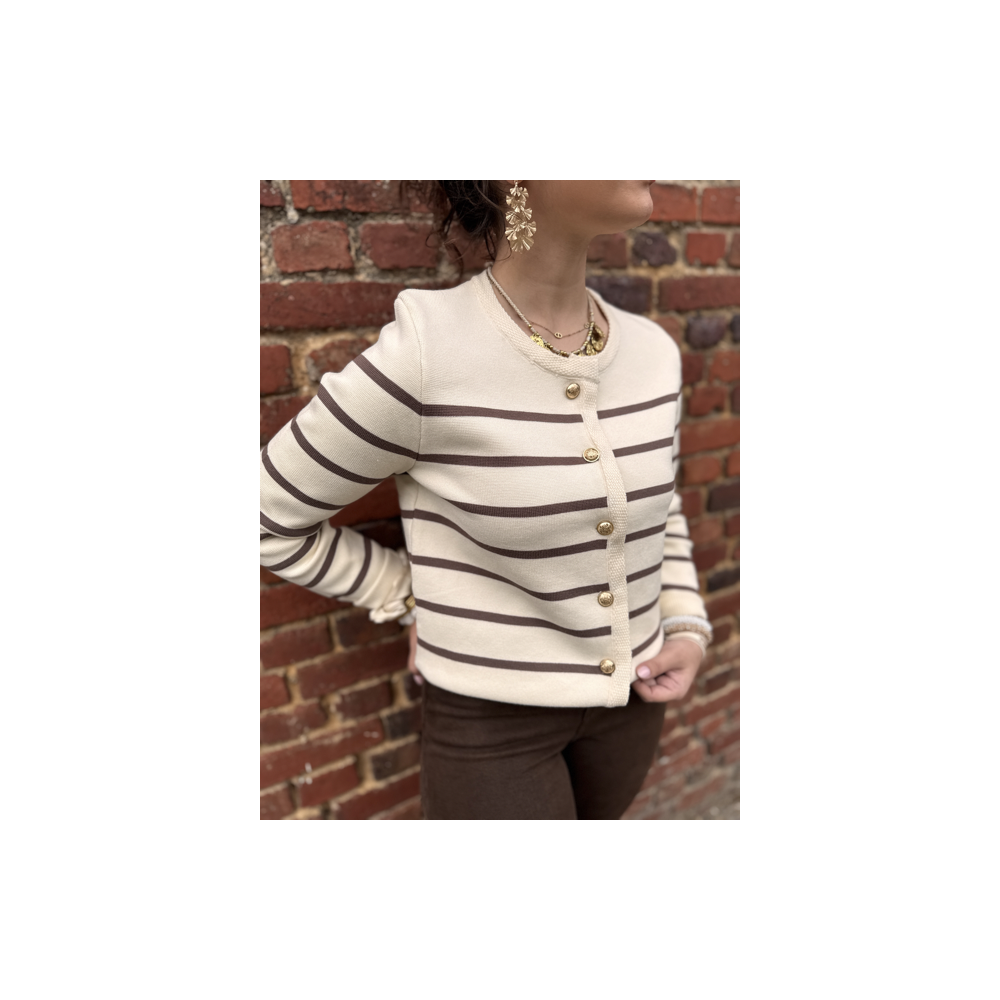 Gilet marinière marron à boutons dorés – Chic et intemporel Gilet marinière marron à boutons dorés – Chic et intemporel