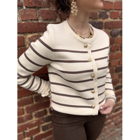 Gilet marinière marron à boutons dorés – Chic et intemporel