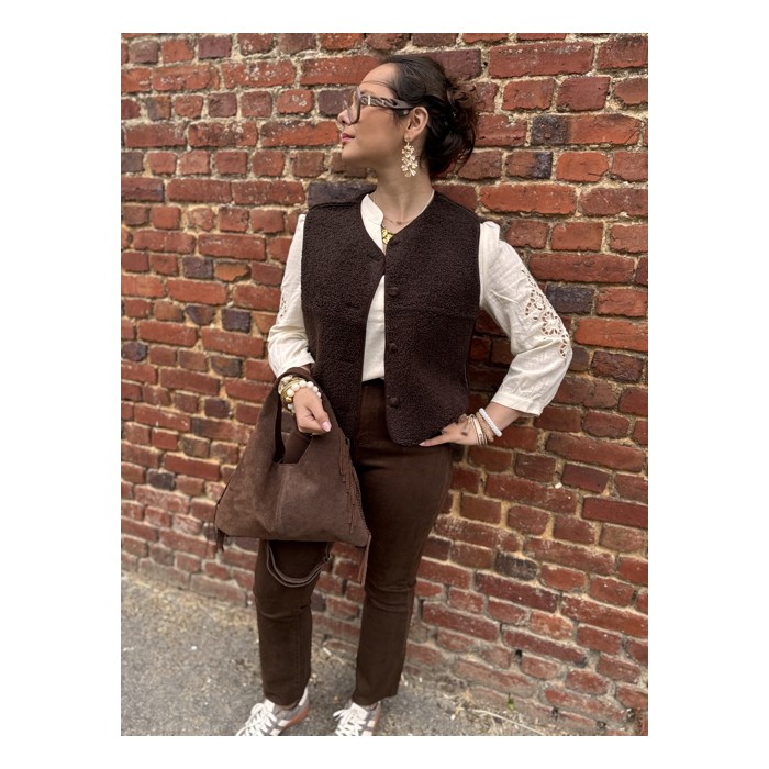Gilet sans manches réversible en moumoute marron & léopard – Tailles S, M, L