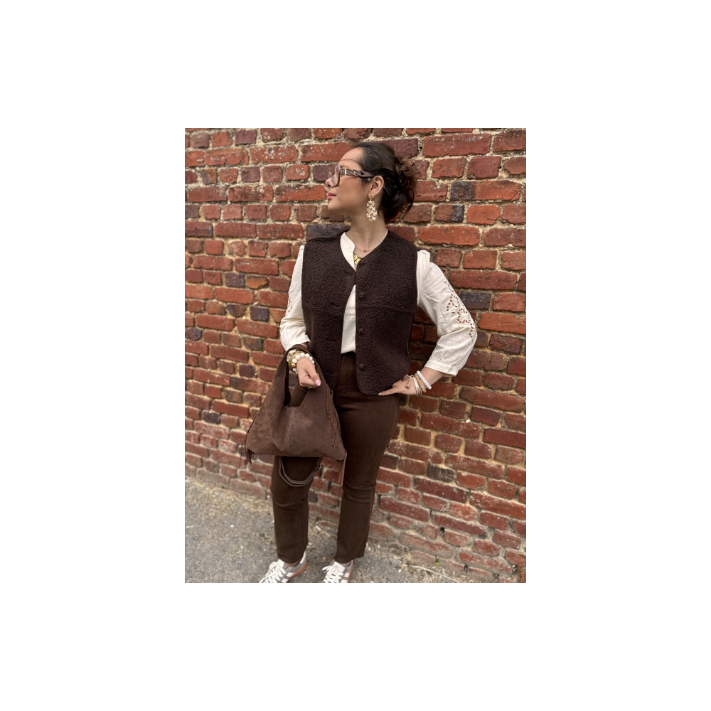 Gilet sans manches réversible en moumoute marron & léopard – Tailles S, M, L