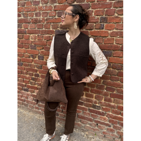 Gilet sans manches réversible en moumoute marron & léopard – Tailles S, M, L