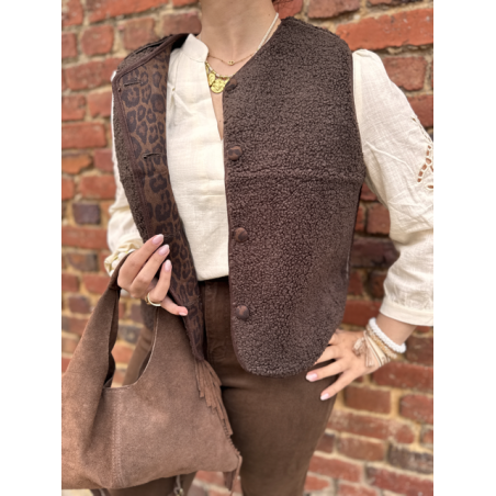 Gilet sans manches réversible en moumoute marron & léopard – Tailles S, M, L