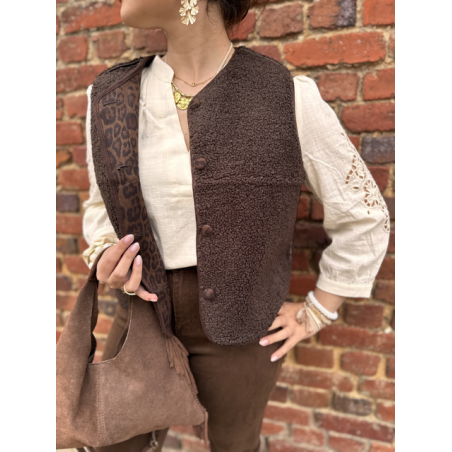 Gilet sans manches réversible en moumoute marron & léopard – Tailles S, M, L