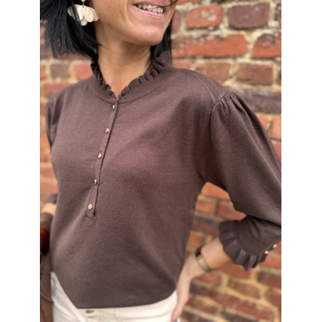 Pull fin élégant avec boutons & manches volantées – Écru ou Marron – Tailles XS/S et M/L