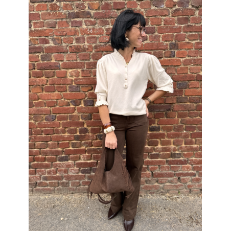 Pull fin élégant avec boutons & manches volantées – Écru ou Marron – Tailles XS/S et M/L