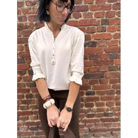 Pull fin élégant avec boutons & manches volantées – Écru ou Marron – Tailles XS/S et M/L