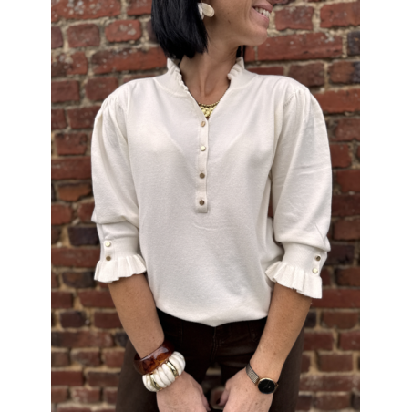 Pull fin élégant avec boutons & manches volantées – Écru ou Marron – Tailles XS/S et M/L