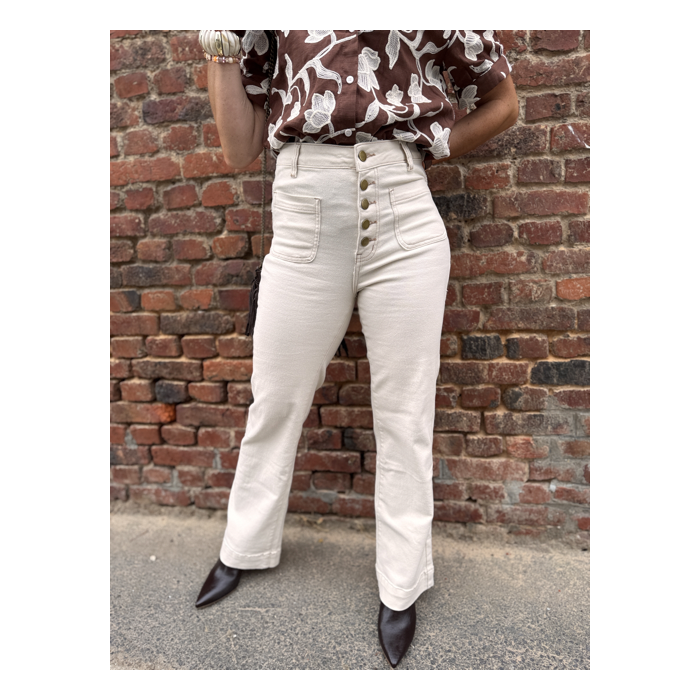 Jean écru taille haute coupe wide leg – XS, S, M, L – Confort avec élasthanne