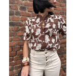 Blouse marron à motifs floraux écrus – Manches courtes – Tailles S, M, L