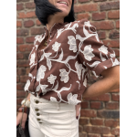 Blouse marron à motifs floraux écrus – Manches courtes – Tailles S, M, L