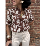 Blouse marron à motifs floraux écrus – Manches courtes – Tailles S, M, L