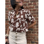 Blouse marron à motifs floraux écrus – Manches courtes – Tailles S, M, L