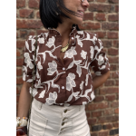 Blouse marron à motifs floraux écrus – Manches courtes – Tailles S, M, L