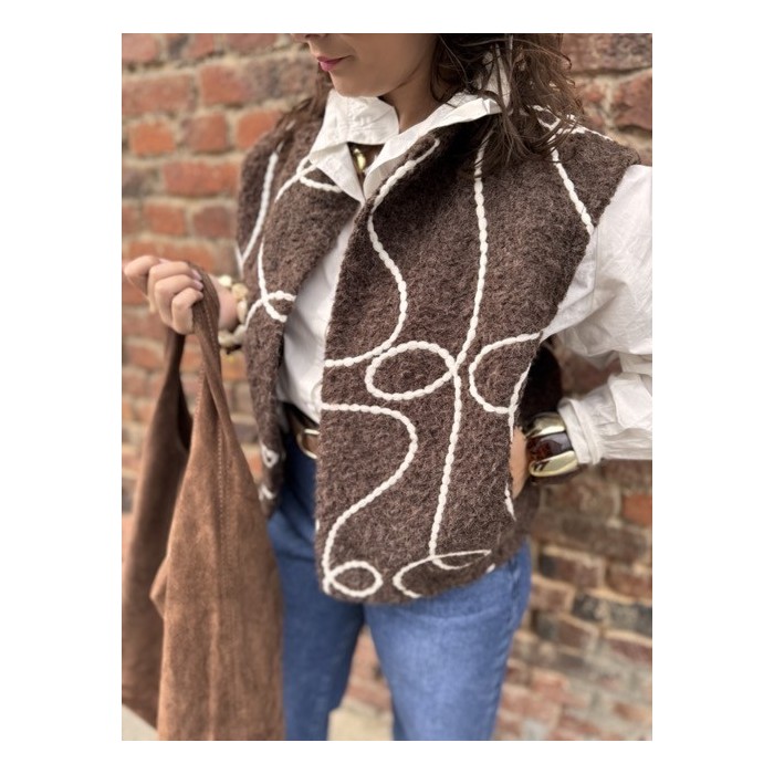 Gilet Sans Manches Feutrine Marron Brodé – Taille Unique 36 à 42