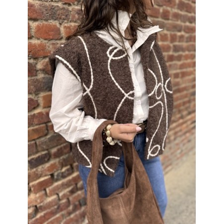 Gilet Sans Manches Feutrine Marron Brodé – Taille Unique 36 à 42
