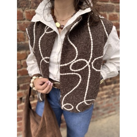 Gilet Sans Manches Feutrine Marron Brodé – Taille Unique 36 à 42