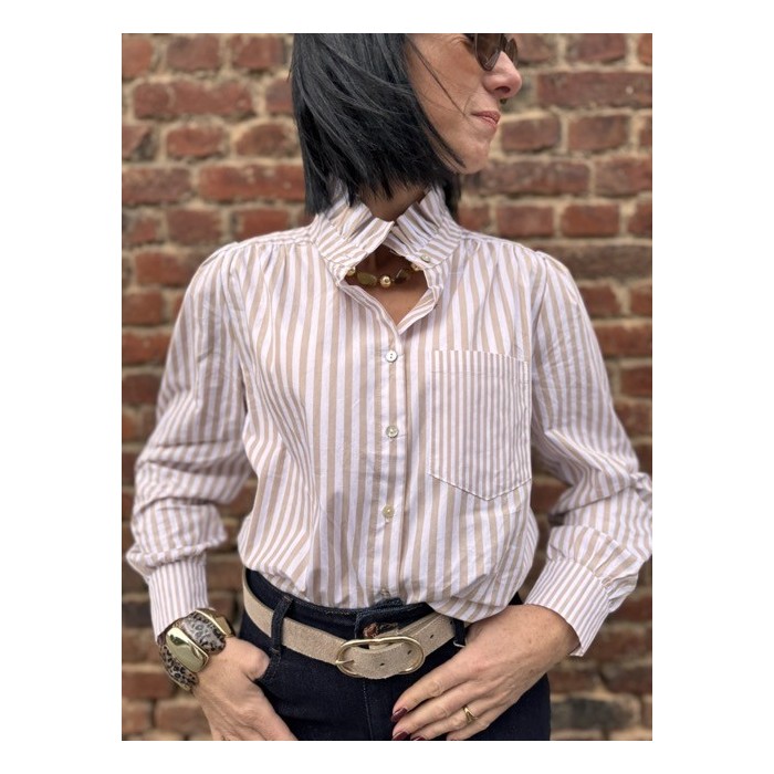 Chemise Femme Rayée Col Victorien – Marron/Blanc ou Beige/Blanc (XS à L)